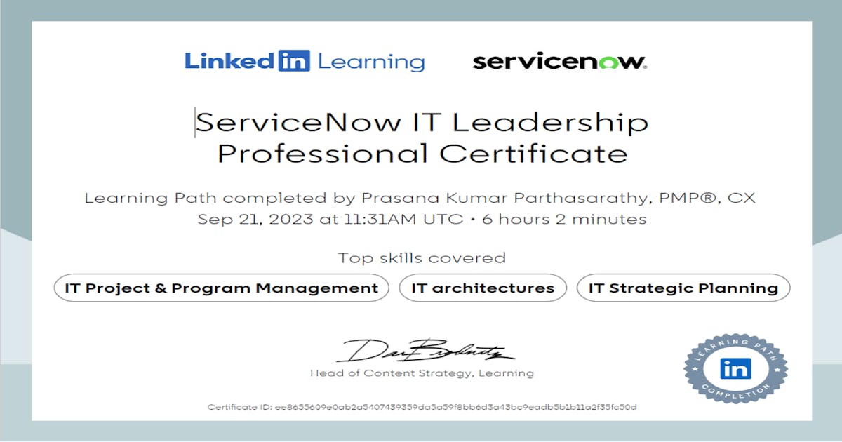ServiceNow IT Leadership Professional Certificate